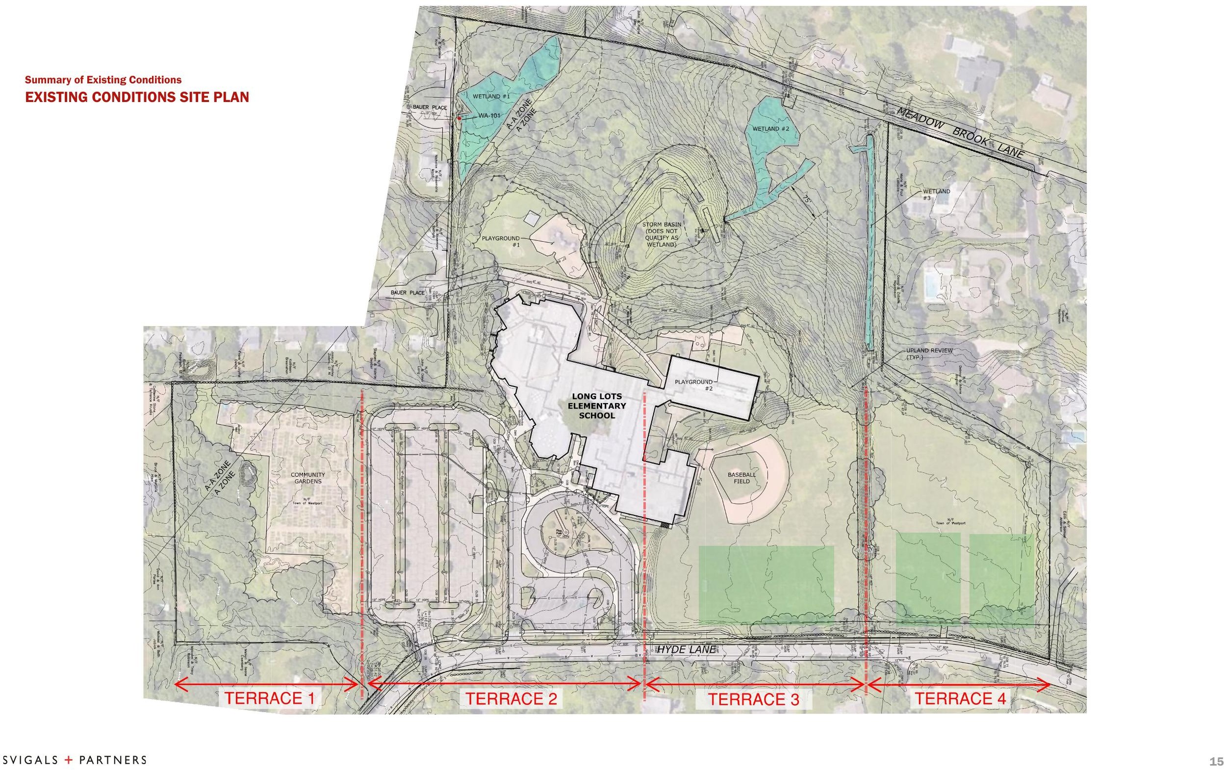 Existing conditions site plan for Long Lots Elementary School showing wetlands, playgrounds, ball fields and the four terraces across the property