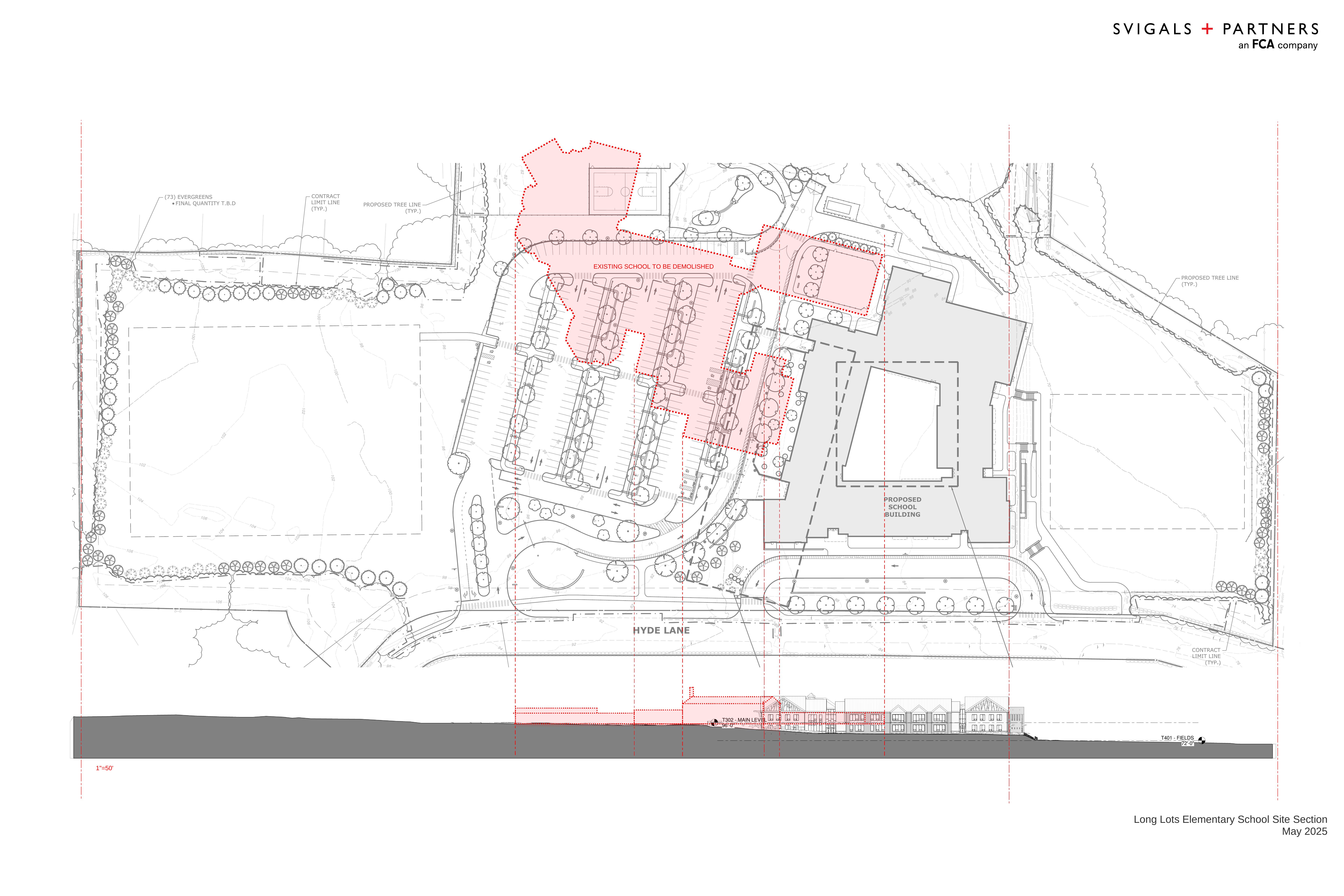 Site plan showing the existing Long Lots Elementary School building alongside the proposed new school footprint, drives, parking and bus loop