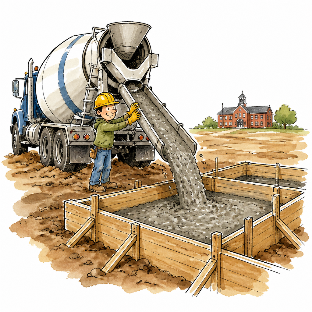 Concrete mixer truck pouring into wooden foundation forms while a worker guides the chute, with a red brick school on the horizon